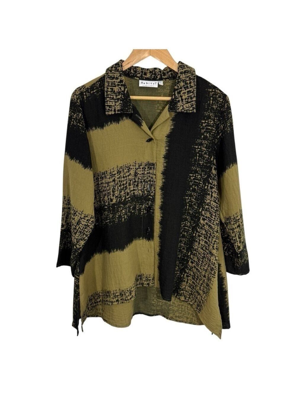 Habitat Button Front Tunic Top Sz S Green Black Faux Linen Long Sleeve Shirt EUC